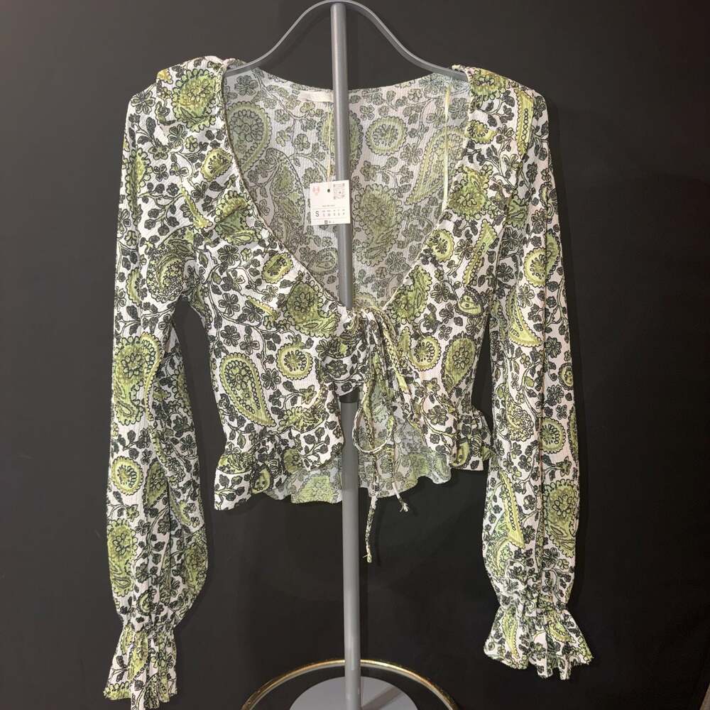 Zara Green White Paisley Print Tie Front #130
